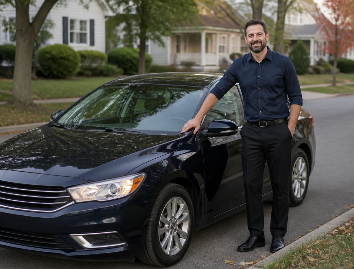 Rayan Taxi driver standing beside a clean sedan in a Capital Region neighborhood